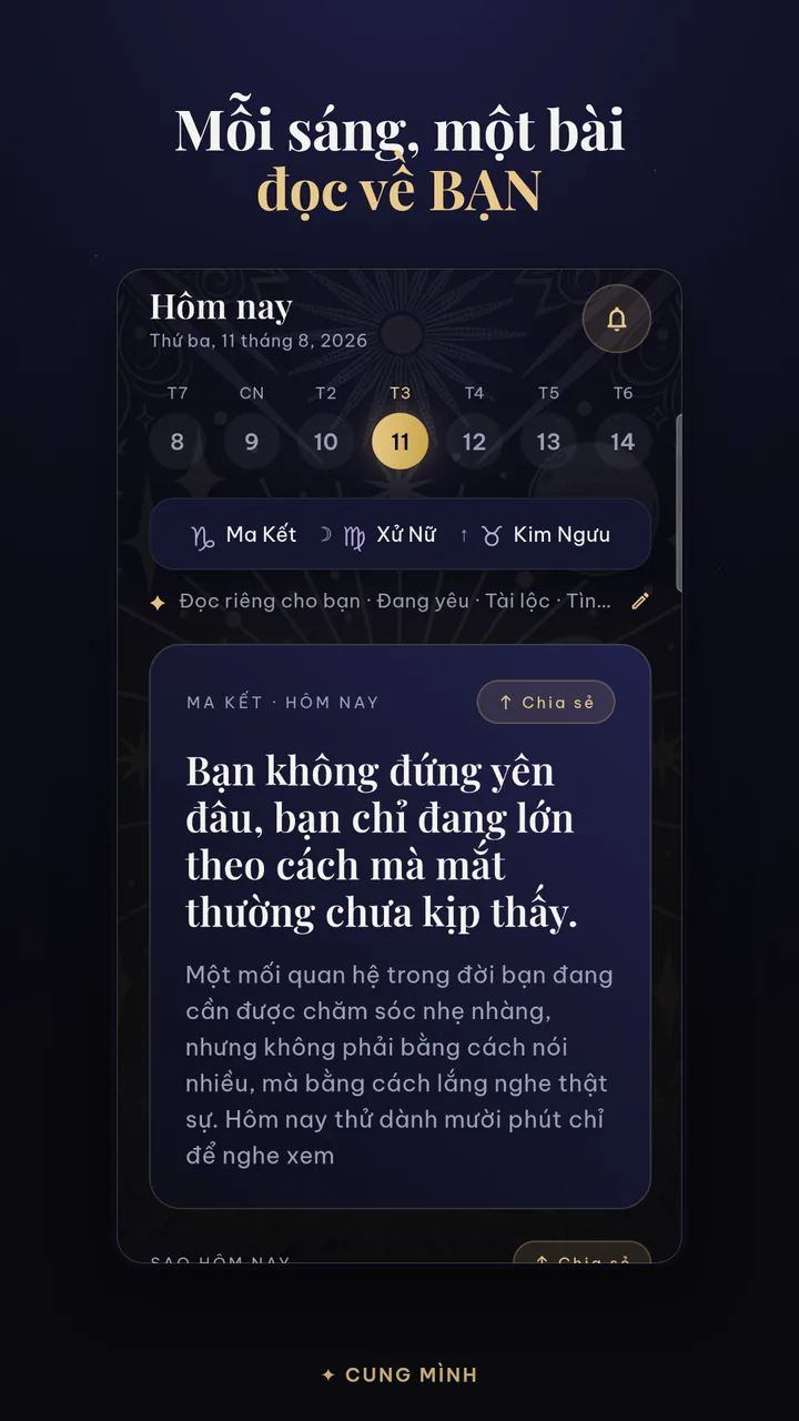 Màn hình Hôm nay của Cung Mình với bài đọc viết riêng cho cung của bạn